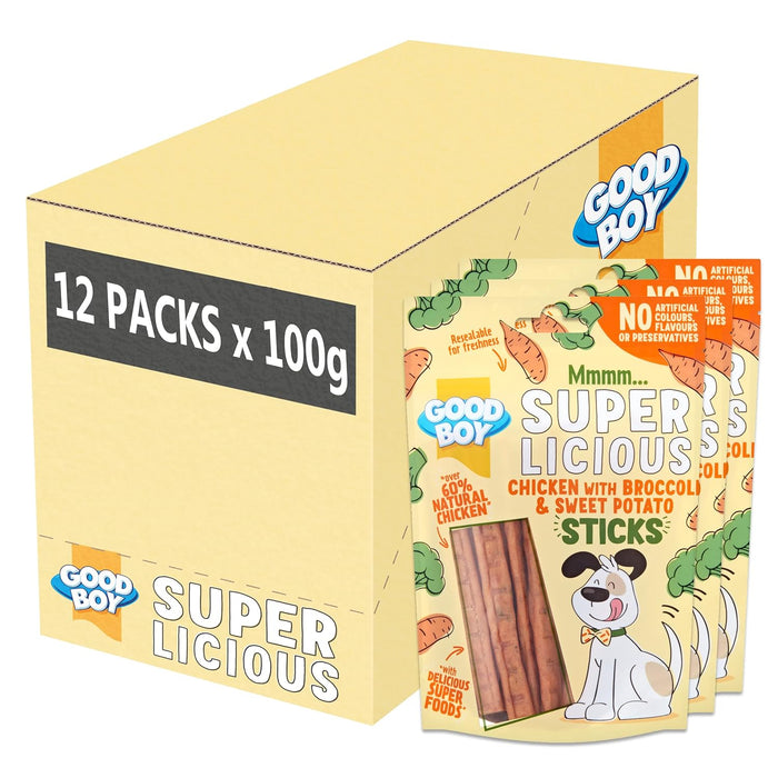 12 x Good Boy Super Licious Chicken With Broccoli And Sweet Potato Sticks 100g