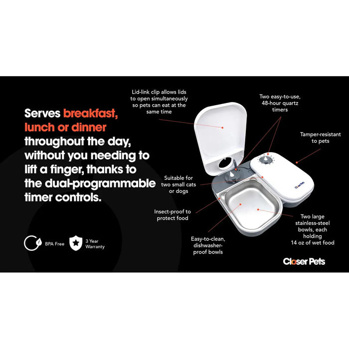 Closer Pets C200 Two Meal Automatic Dry and Wet Food Pet Feeder With Stainless Steel Bowls