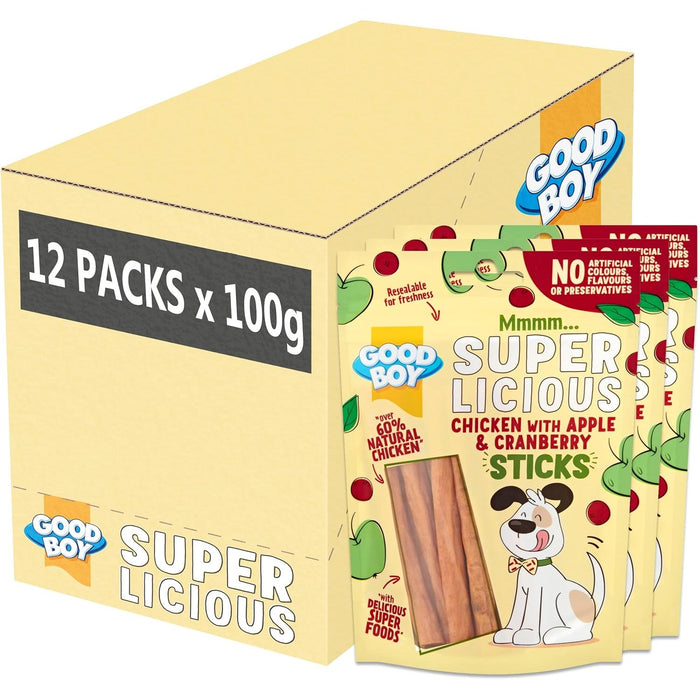 12 x Good Boy Super Licious Chicken With Apple And Cranberry Sticks 100g